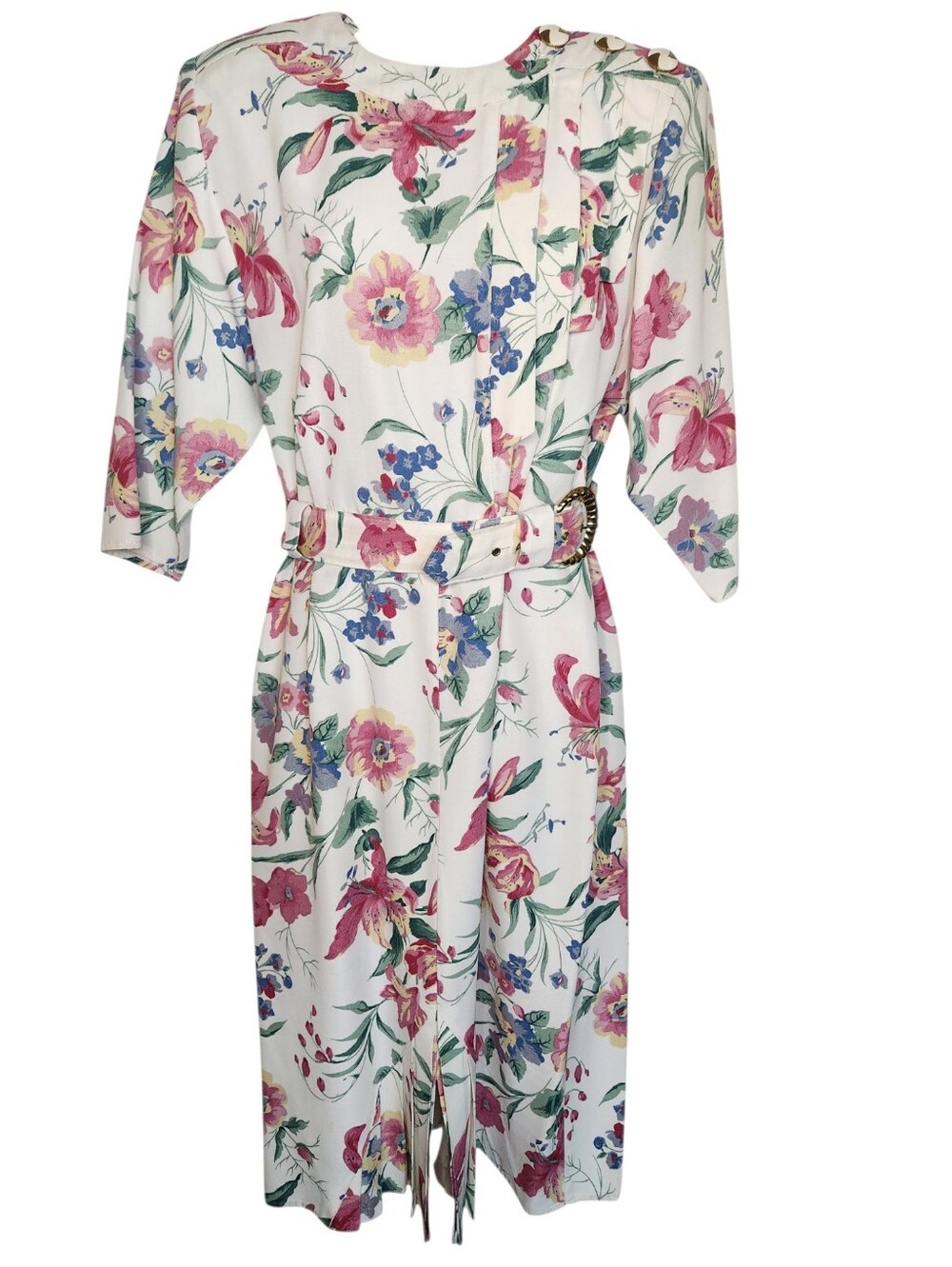 Vintage Willy’s Affluence Floral Rayon Dress Size 10 Belted Midi Shoulder Pads